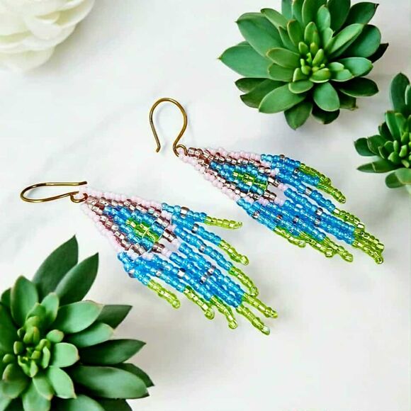 Pastel Beaded Fringe Cascade Dangle Earrings, Boho Chic Statement 3" - Picture 1 of 6